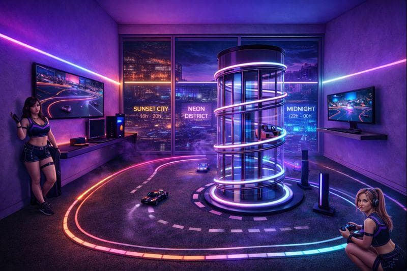 Arcadia night city concept art with RC vehicle